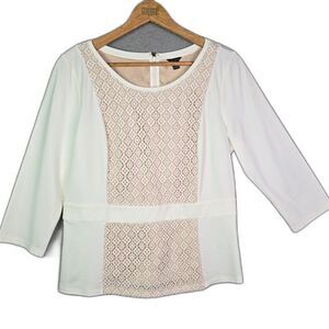 Ann Taylor Blouse Cream Lace Front Panel L Peplum 3 4 Sleeve Feminine